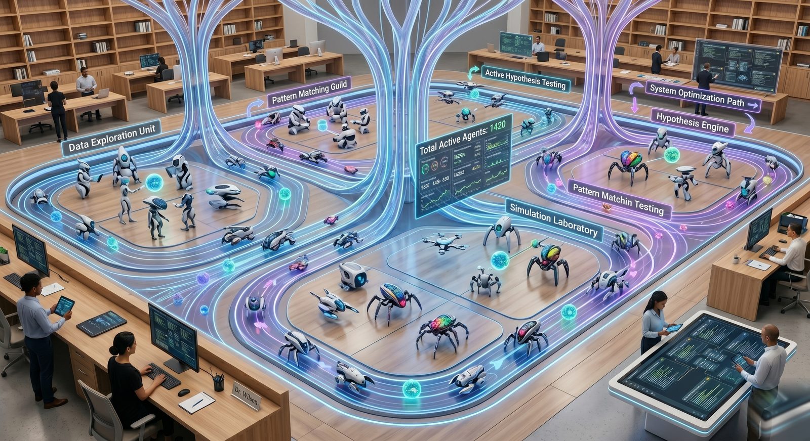 A conceptual visualization of a Nova Buzz agent swarm. Multiple specialized AI agents work in parallel zones for data exploration, hypothesis testing, and system optimization.